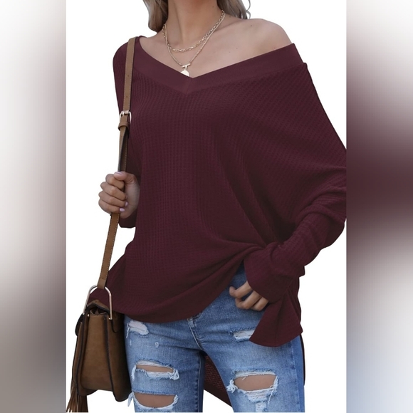 Oversized V-Neck Batwing Sleeve Waffle Knit Split Hem Tunic Maroon MSRP $39.99 - Picture 8 of 11